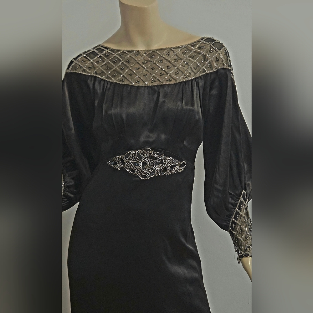 Exquisite 1920s Antique Bias Silk Beaded  Black Evening Dress - Picture 3 of 8